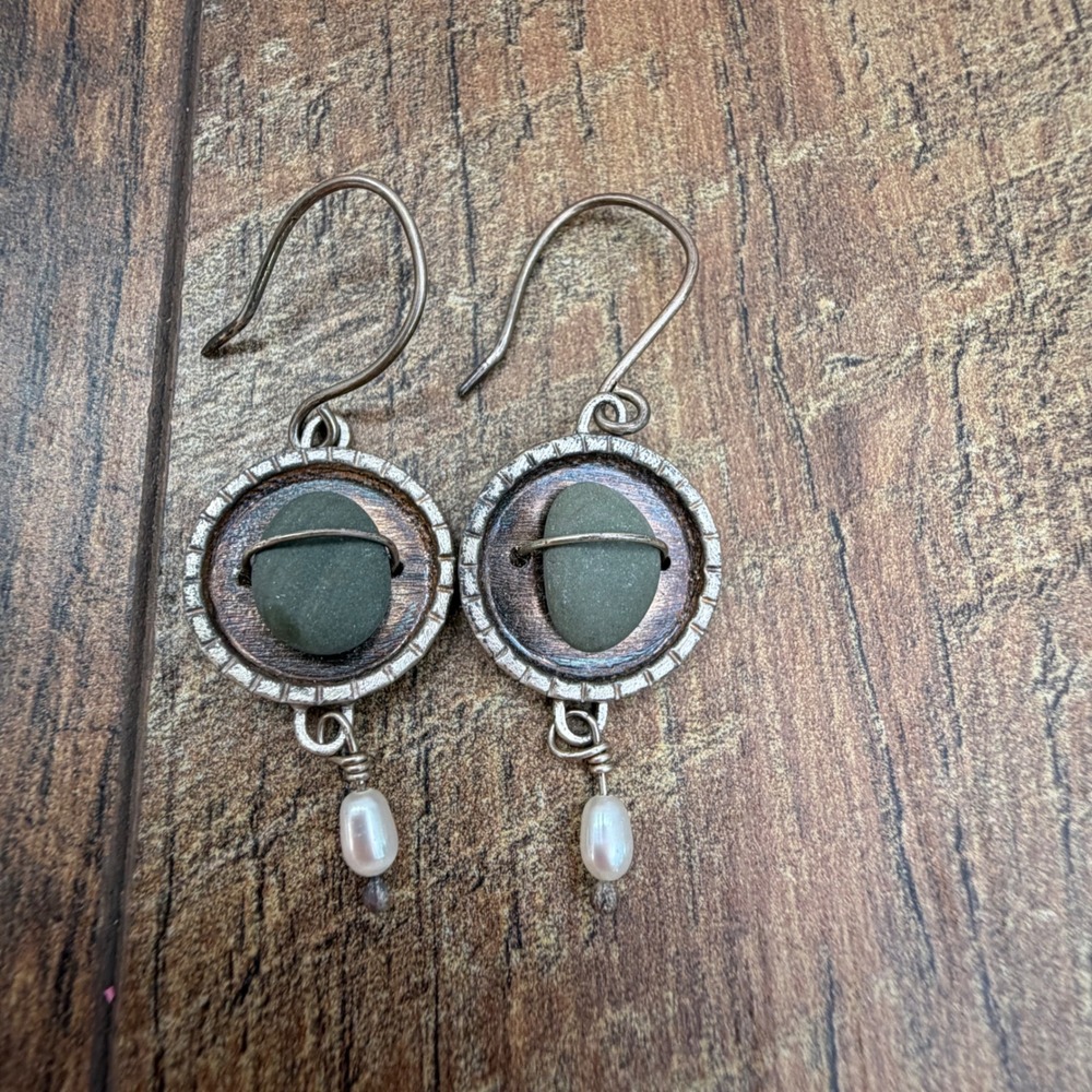 Artisan River Stone Pearl Drop Earrings Women Green Silver
